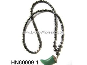 Hematite Beads and Semi precious Stone Horn Pendant Necklace